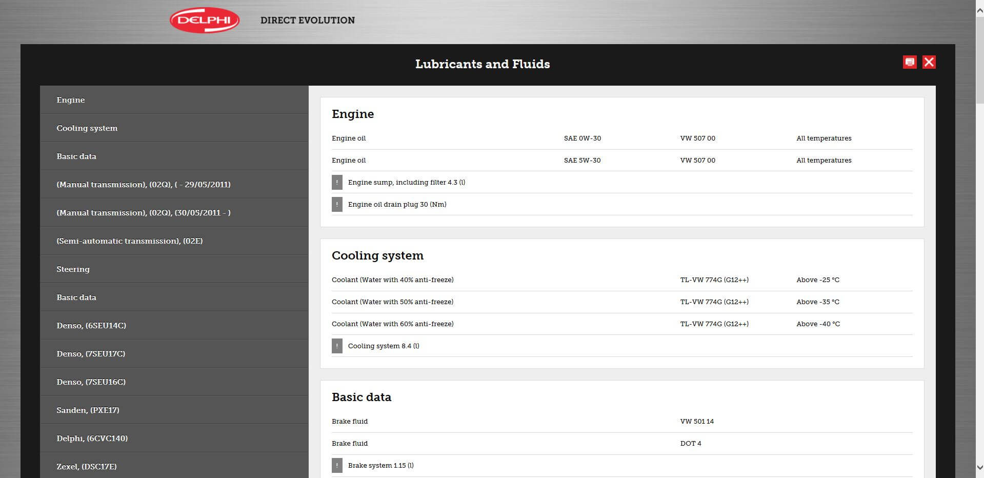vehicle tech information screen shot of lubricants and fluids